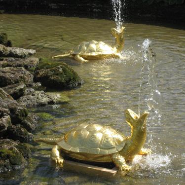 Среди фонтанов Петергофа есть скромный маленький фонтан.
Он в виде толстой черепахи, бегущей в страхе по волнам.
Из пасти этой черепахи струи клокочущей воды
Взлетают, вверх переливаясь огнями дивной красоты.
 Diamida