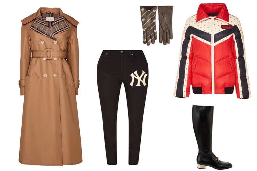 Gucci: тренч, джинсы-скинни с вышивкой, кожаные перчатки с монограммами, стеганая куртка с логотипом, черные кожаные сапоги